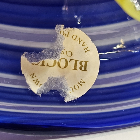 Vintage Block Hand Blown Swirl Art Glass Hat Blue Yellow Flower Dish Bowl apx 8" - Picture 5 of 9